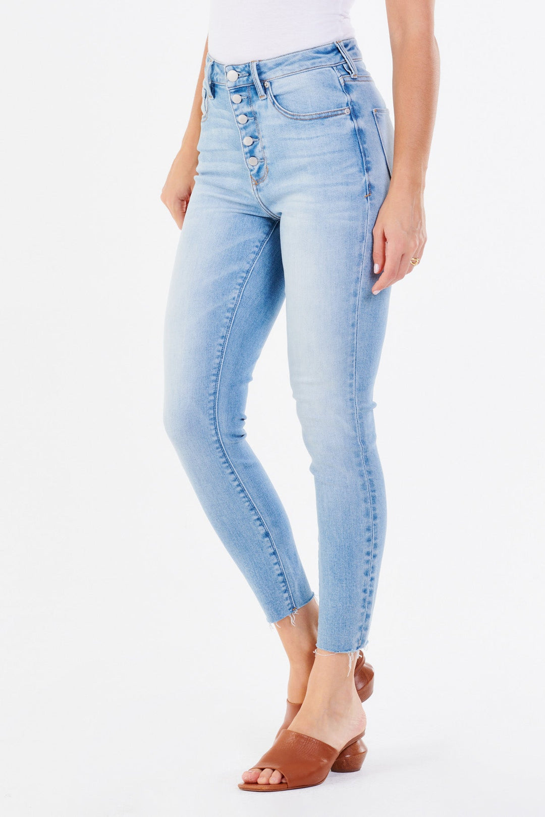 image of a female model wearing a OLIVIA SUPER HIGH RISE ANKLE SKINNY JEANS DOWNTOWN JEANS