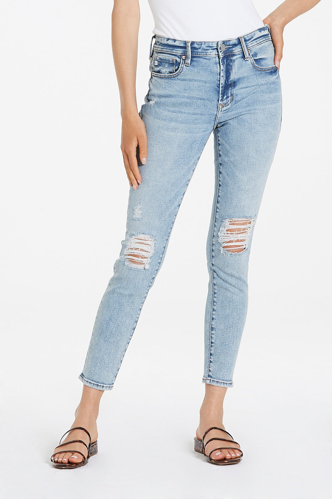 image of a female model wearing a GISELE HIGH RISE ANKLE SKINNY ATLANTIC COAST JEANS JEANS