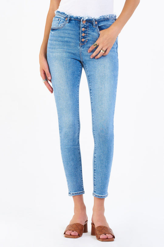 image of a female model wearing a OLIVIA SUPER HIGH RISE ANKLE SKINNY JEANS GALLANT JEANS