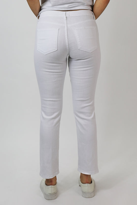 image of a female model wearing a GISELE HIGH RISE SKINNY JEANS OPTIC WHITE JEANS