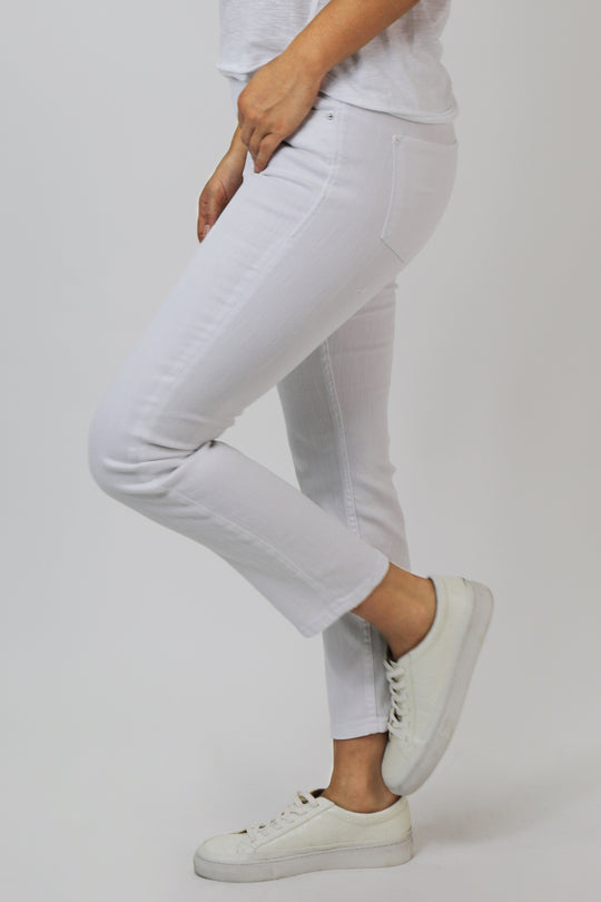 image of a female model wearing a GISELE HIGH RISE SKINNY JEANS OPTIC WHITE JEANS