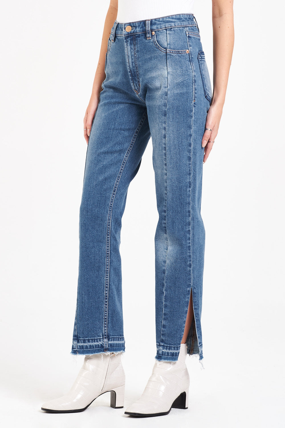 image of a female model wearing a JODI SUPER HIGH RISE STRAIGHT JEANS SPEECHLESS DEAR JOHN DENIM 