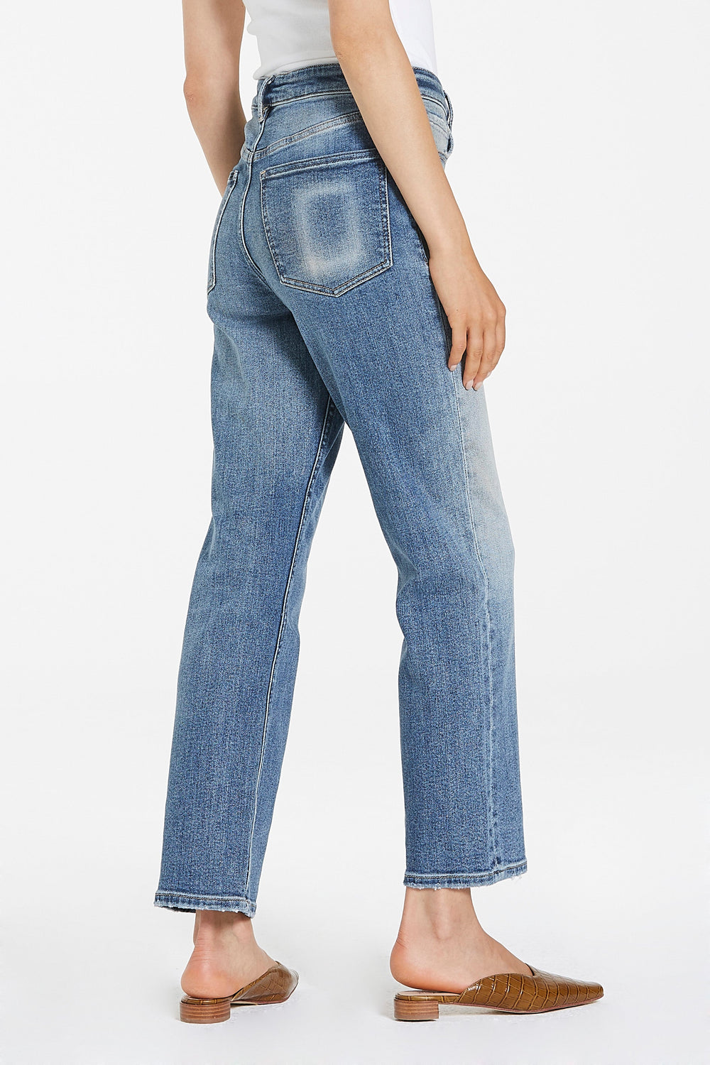 image of a female model wearing a 90S ULTRA HIGH RISE ANKLE STRAIGHT MONACH ISLES JEANS DEAR JOHN DENIM 