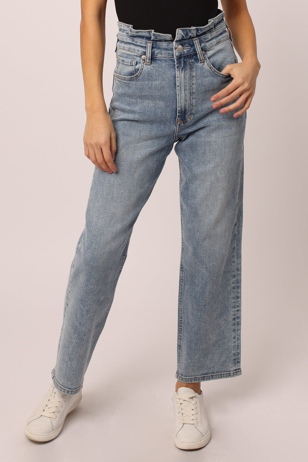 image of a female model wearing a 90S ULTRA HIGH RISE ANKLE STRAIGHT JEANS MIDDLETOWN DEAR JOHN DENIM 