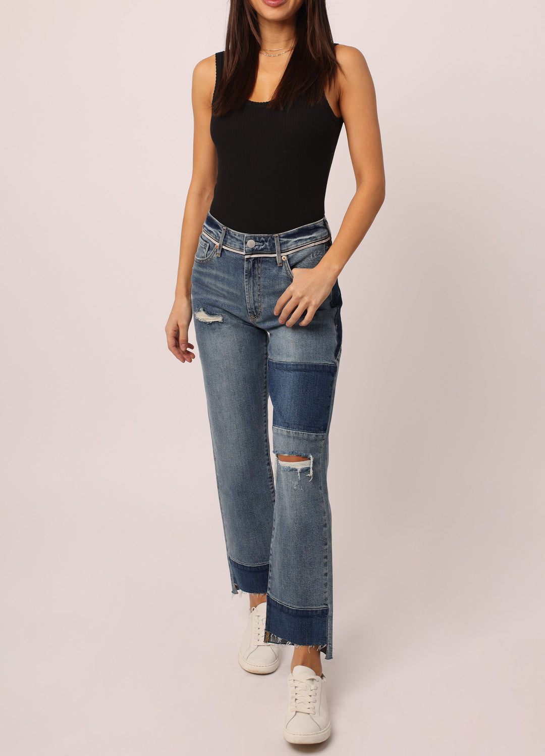 image of a female model wearing a JODI SUPER HIGH RISE CROPPED STRAIGHT LEG JEANS SARATOGA JEANS