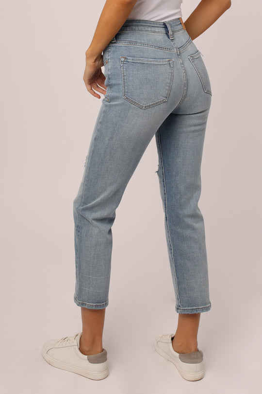 image of a female model wearing a FRANKIE SUPER HIGH RISE STRAIGHT JEANS HACIENDA JEANS