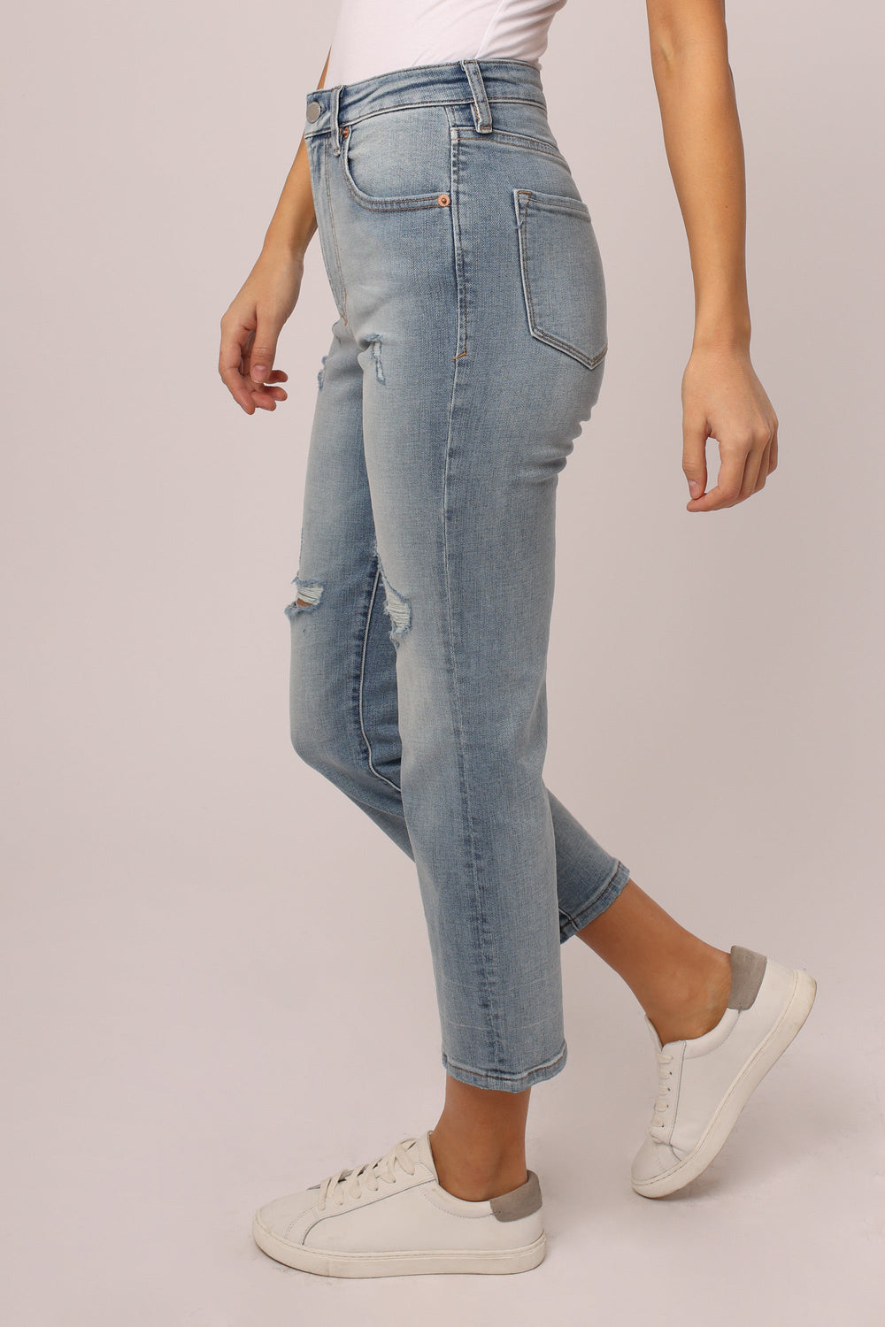 image of a female model wearing a FRANKIE SUPER HIGH RISE STRAIGHT JEANS HACIENDA JEANS