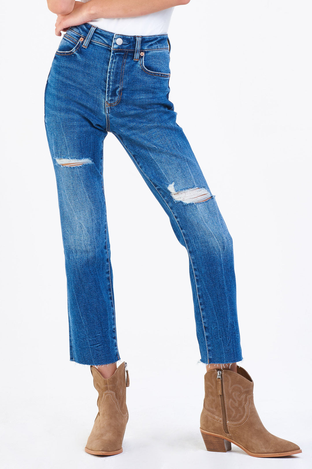 image of a female model wearing a FRANKIE SUPER HIGH RISE CROPPED STRAIGHT JEANS NORMANDY DEAR JOHN DENIM 
