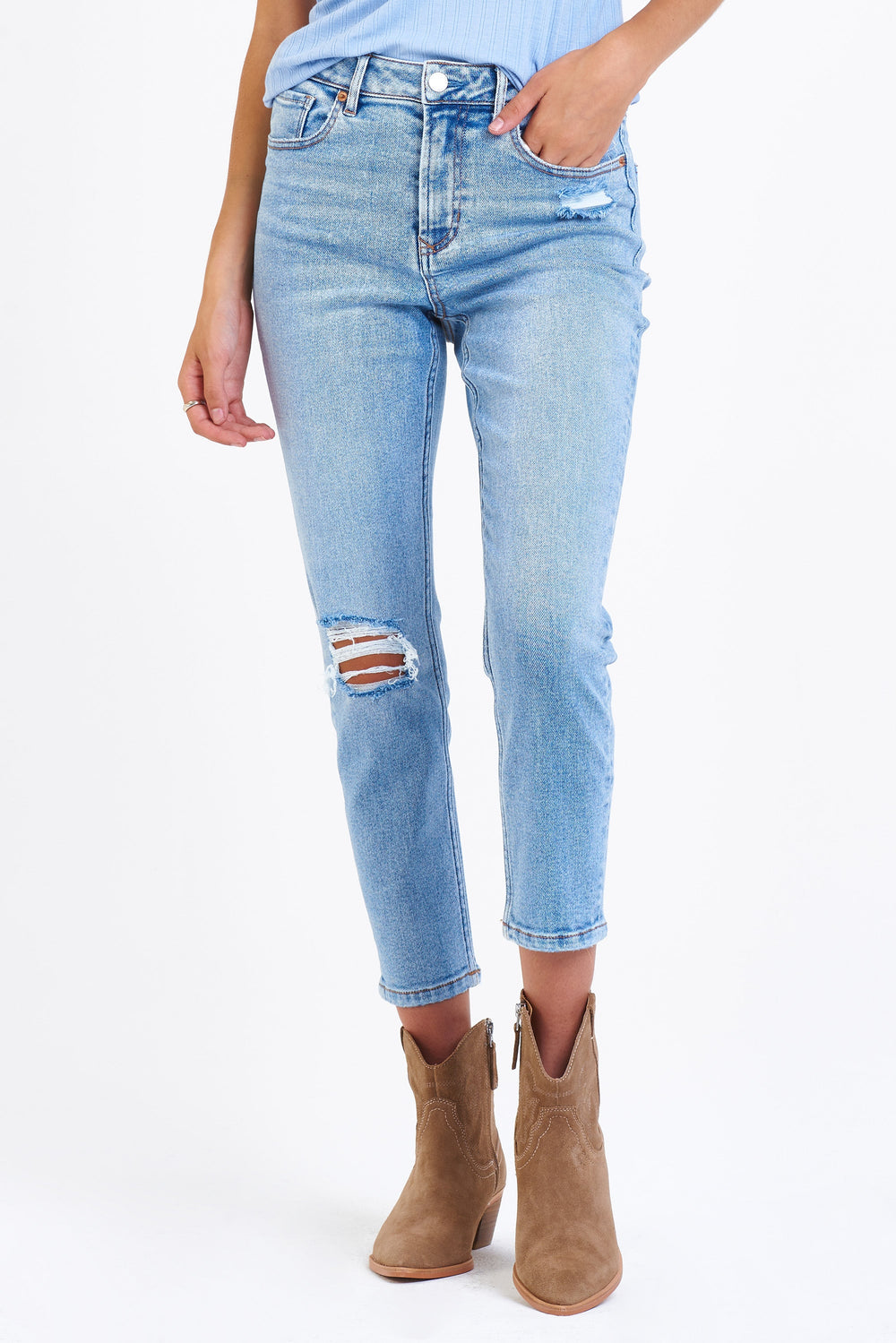 image of a female model wearing a ROXIE SUPER HIGH RISE CROPPED MOM JEANS STARLITE DEAR JOHN DENIM 