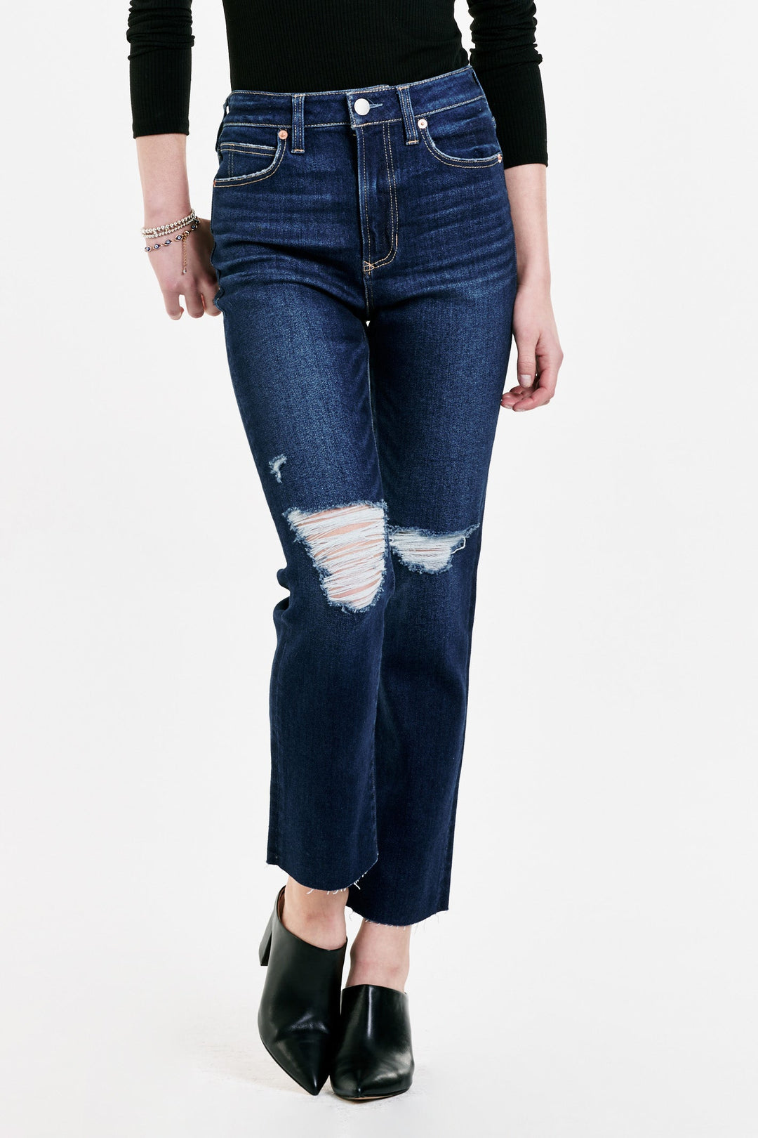 image of a female model wearing a FRANKIE SUPER HIGH RISE CROPPED STRAIGHT JEANS GALVIE DEAR JOHN DENIM 