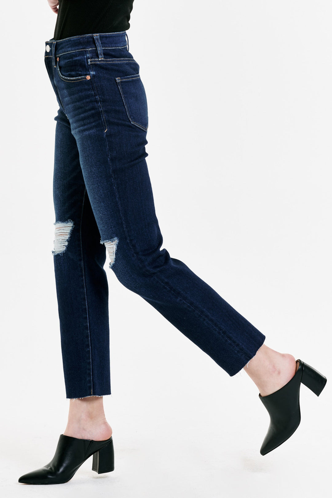 image of a female model wearing a FRANKIE SUPER HIGH RISE CROPPED STRAIGHT JEANS GALVIE DEAR JOHN DENIM 