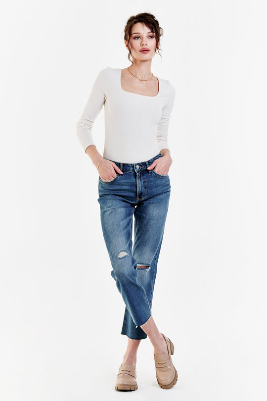 image of a female model wearing a JODI SUPER HIGH RISE CROPPED STRAIGHT JEANS CLIFTON DEAR JOHN DENIM 