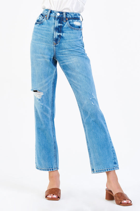 image of a female model wearing a 90S SUPER HIGH RISE ANKLE STRAIGHT JEANS MAJESTIC DEAR JOHN DENIM 
