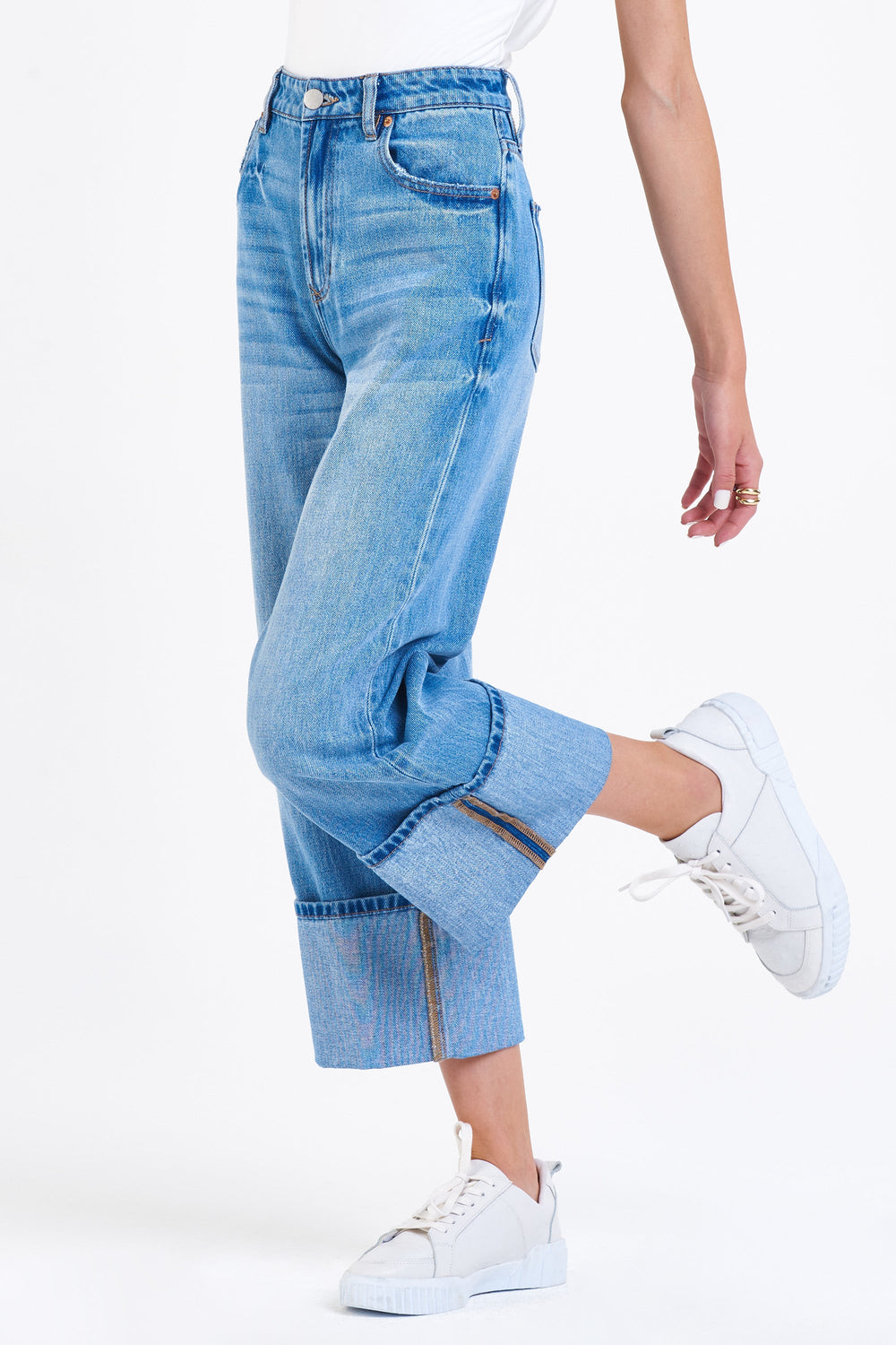 image of a female model wearing a POLLY SUPER HIGH RISE CUFFED LOOSE STRAIGHT LEG JEANS VENTURE JEANS