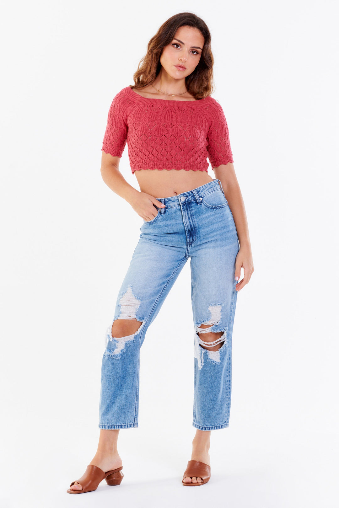 image of a female model wearing a JODI SUPER HIGH RISE CROPPED STRAIGHT JEANS DEEP WATER JEANS