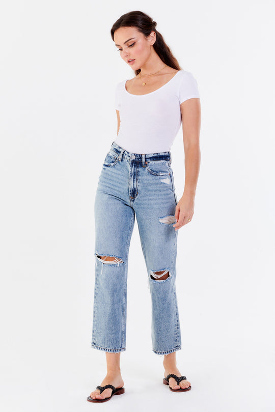 image of a female model wearing a 90S ULTRA HIGH RISE ANKLE STRAIGHT LEG JEANS ALLURE JEANS