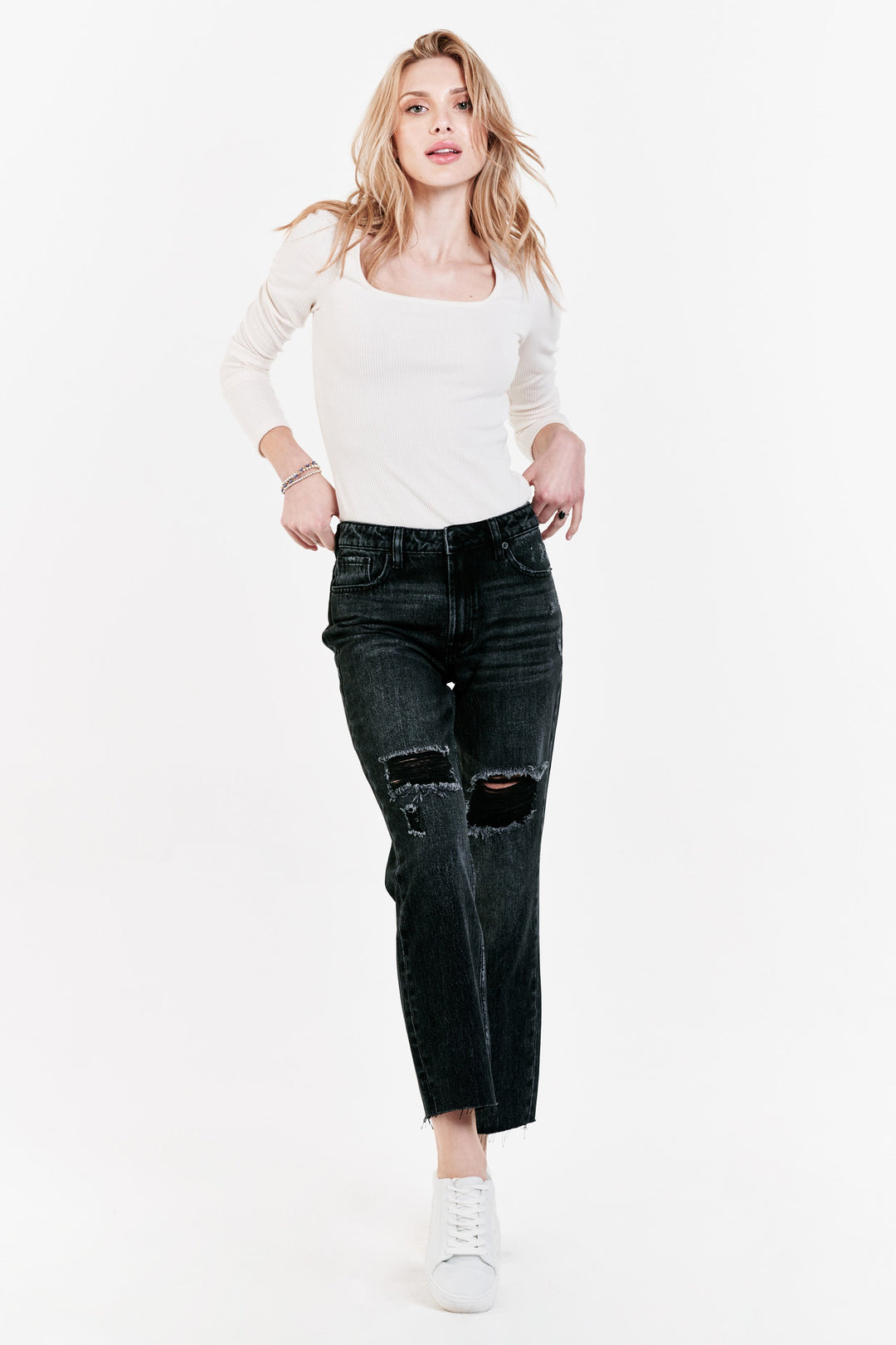 image of a female model wearing a JODI SUPER HIGH RISE CROPPED STRAIGHT JEANS CALUMET JEANS