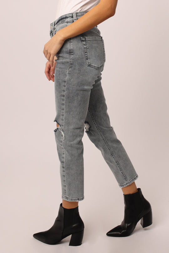 image of a female model wearing a ROXIE SUPER HIGH RISE CROPPED MOM JEANS WEST FAIRFAX DEAR JOHN DENIM 