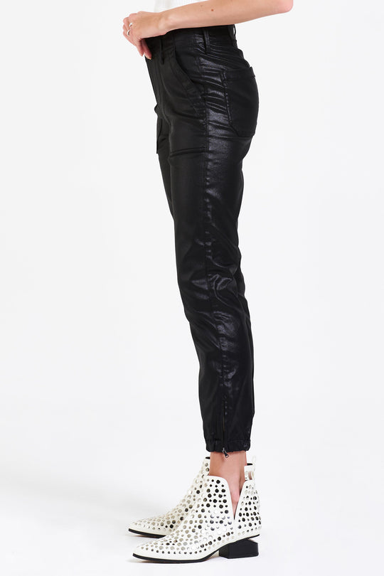image of a female model wearing a NOVA SUPER HIGH RISE CROPPED CARGO PANTS BLACK COATED DEAR JOHN DENIM 