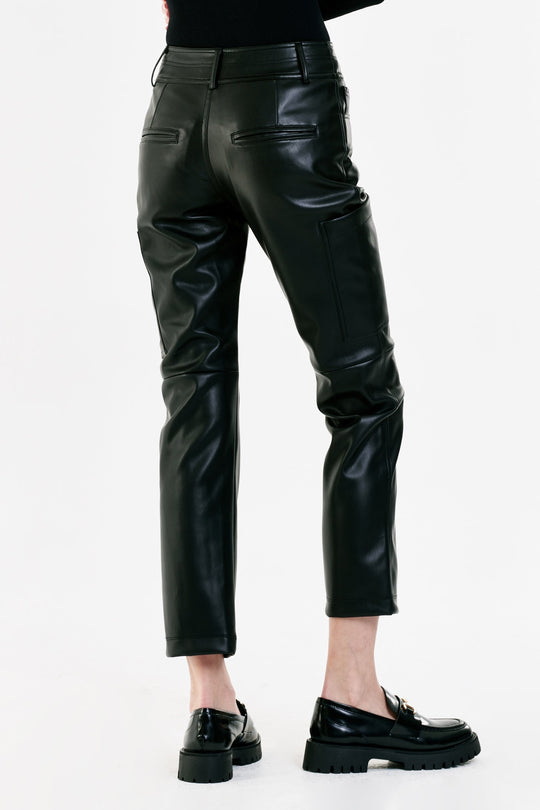 image of a female model wearing a BROOKLYN SUPER HIGH RISE CROPPED SLIM STRAIGHT PANTS BLACK VEGAN LEATHER DEAR JOHN DENIM 