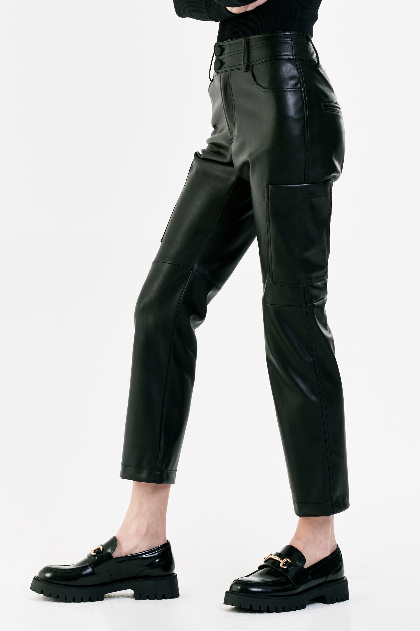 BROOKLYN SUPER HIGH RISE CROPPED SLIM STRAIGHT PANTS BLACK VEGAN LEATHER