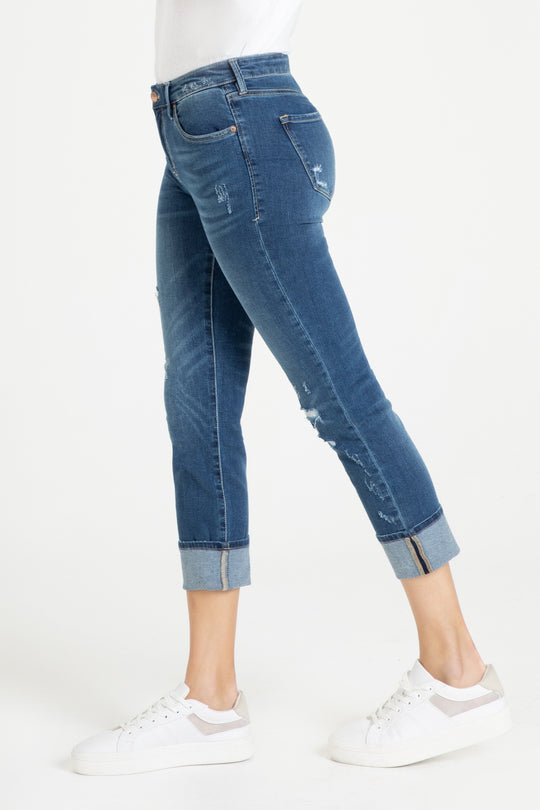 image of a female model wearing a 9 1/2 " BLAIRE CUFFED JEANS IN MEMPHIS DEAR JOHN DENIM 