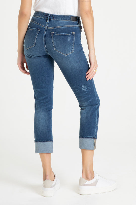 image of a female model wearing a BLAIRE HIGH RISE CUFFED SLIM STRAIGHT JEANS MEMPHIS JEANS