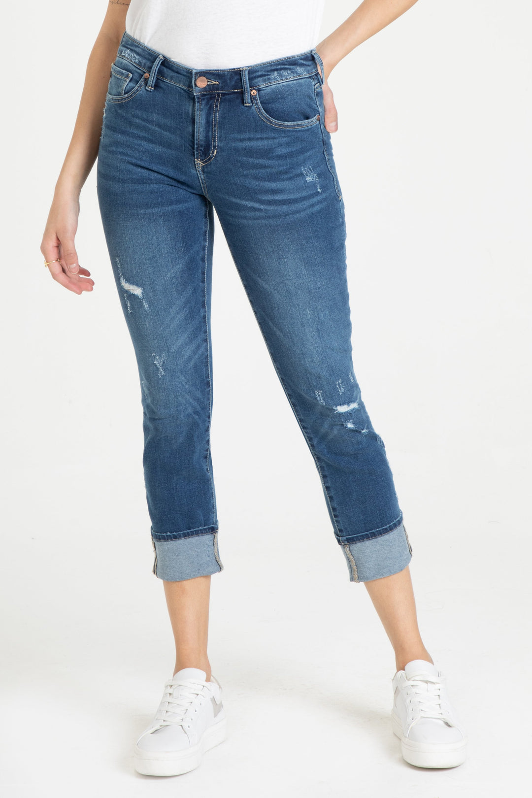 image of a female model wearing a BLAIRE HIGH RISE CUFFED SLIM STRAIGHT JEANS MEMPHIS JEANS