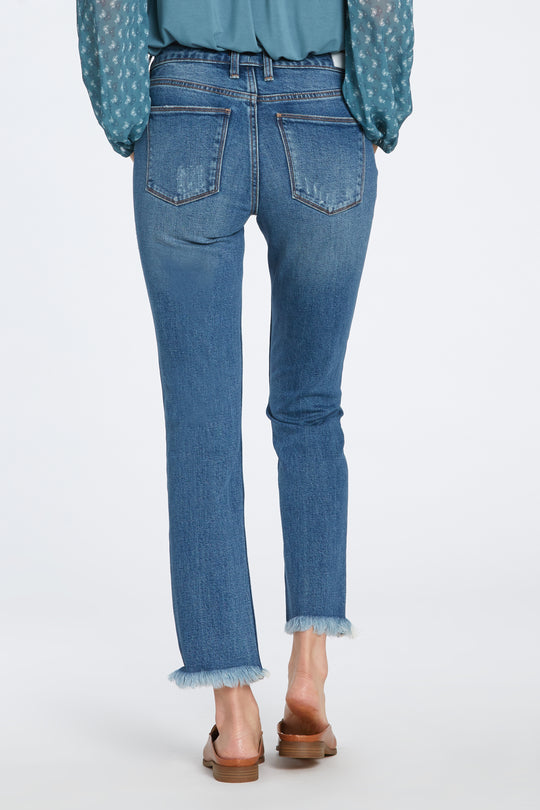 image of a female model wearing a 9 1/2" HIGH RISE STRAIGHT BLAIRE JEANS IN BRECKLAND DEAR JOHN DENIM 