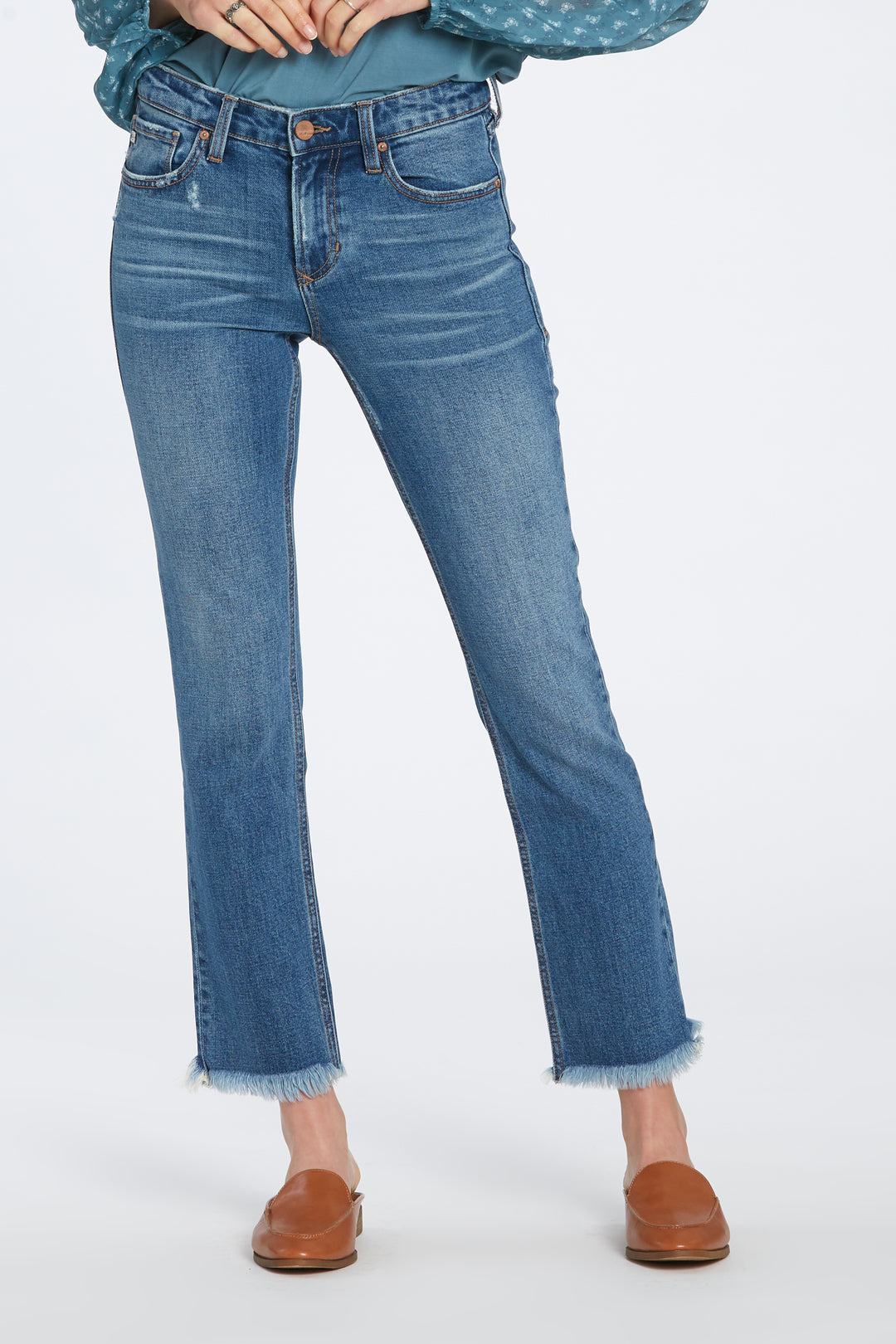 image of a female model wearing a 9 1/2" HIGH RISE STRAIGHT BLAIRE JEANS IN BRECKLAND DEAR JOHN DENIM 