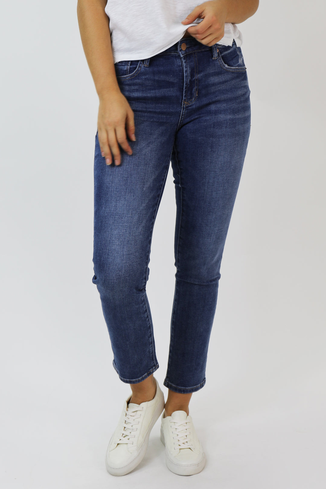 image of a female model wearing a BLAIRE HIGH RISE ANKLE SLIM STRAIGHT JEANS SOUTH BAY DEAR JOHN DENIM 
