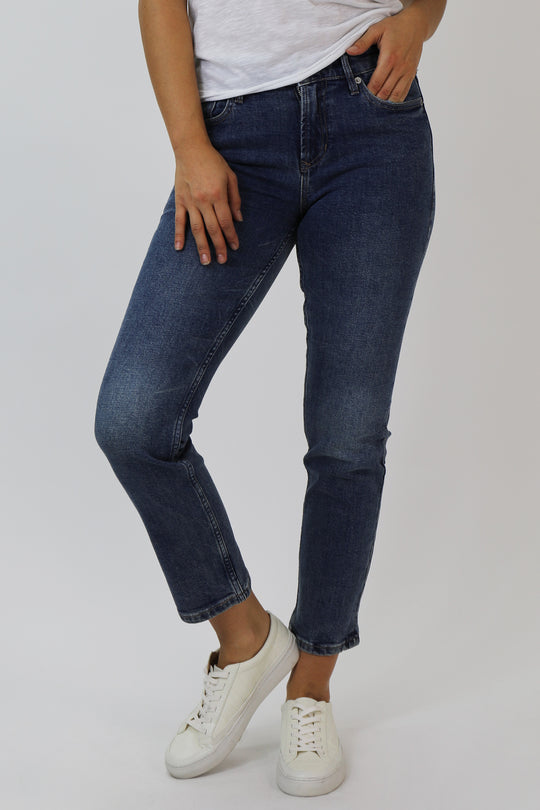image of a female model wearing a BLAIRE HIGH RISE ANKLE SLIM STRAIGHT JEANS OREGON JEANS