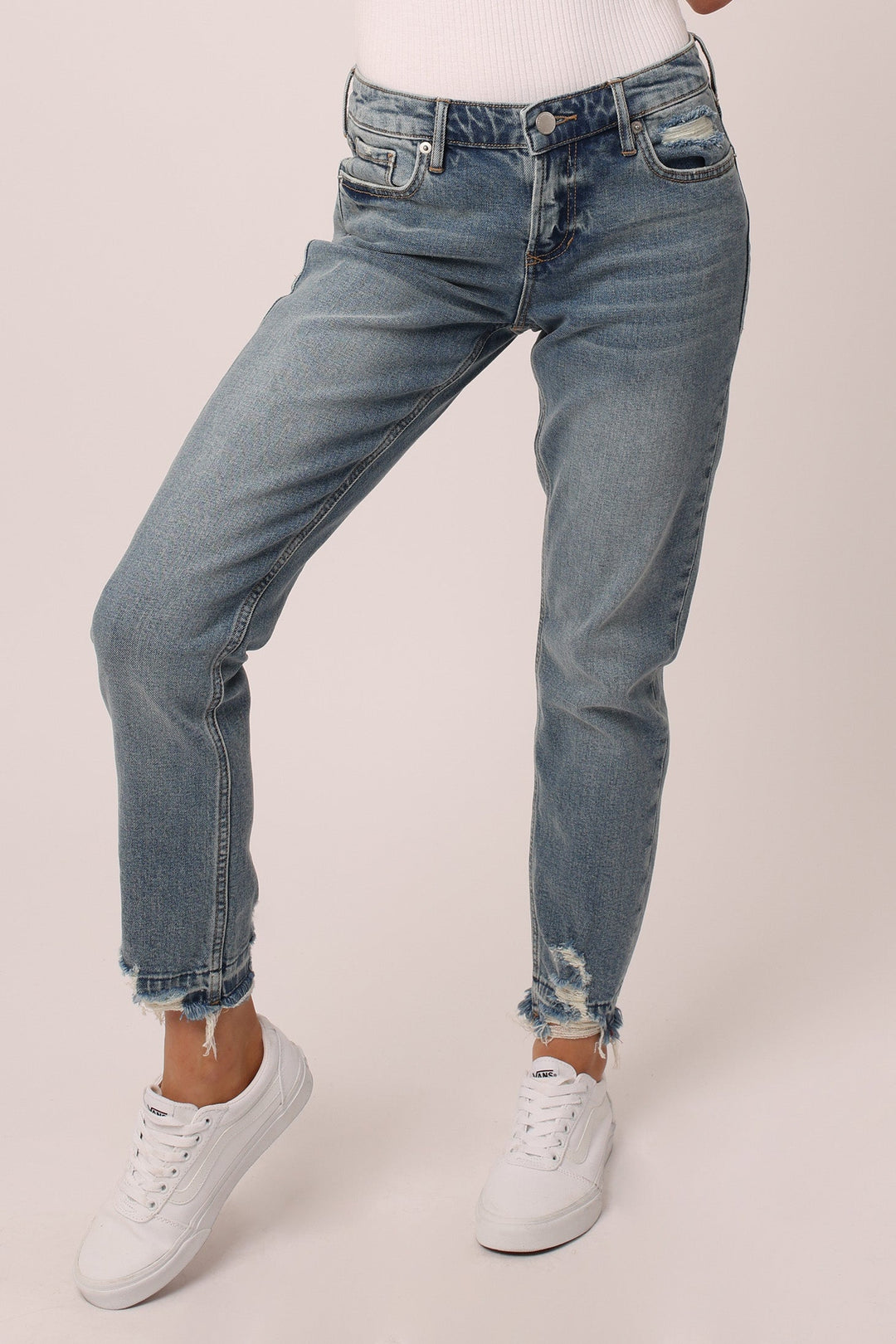 image of a female model wearing a BLAIRE HIGH RISE ANKLE SLIM STRAIGHT JEANS DACOSTA DEAR JOHN DENIM 