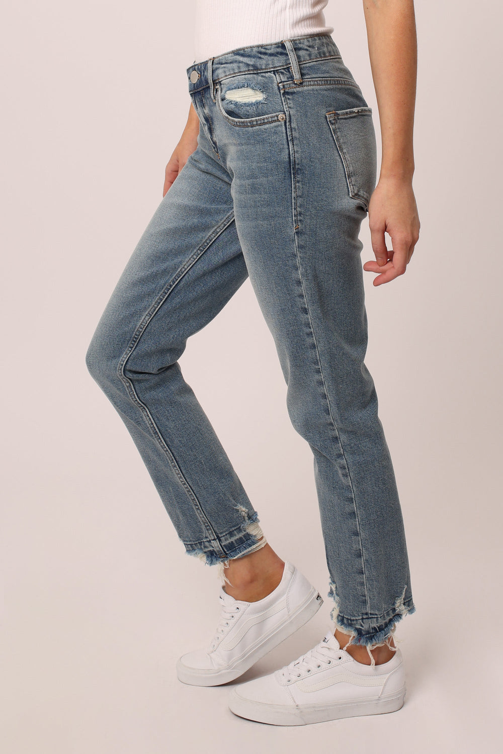 image of a female model wearing a BLAIRE HIGH RISE ANKLE SLIM STRAIGHT JEANS DACOSTA DEAR JOHN DENIM 