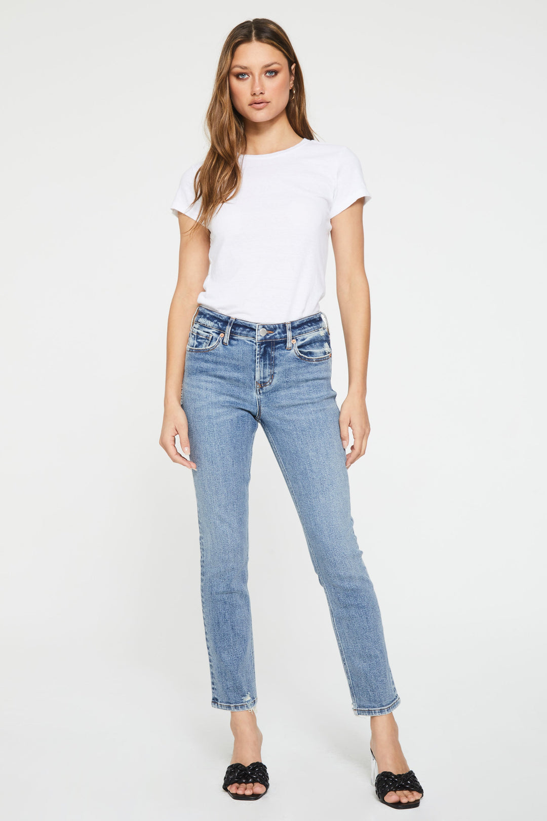 image of a female model wearing a BLAIRE HIGH RISE ANKLE SLIM STRAIGHT LEG JEANS BELCREST JEANS
