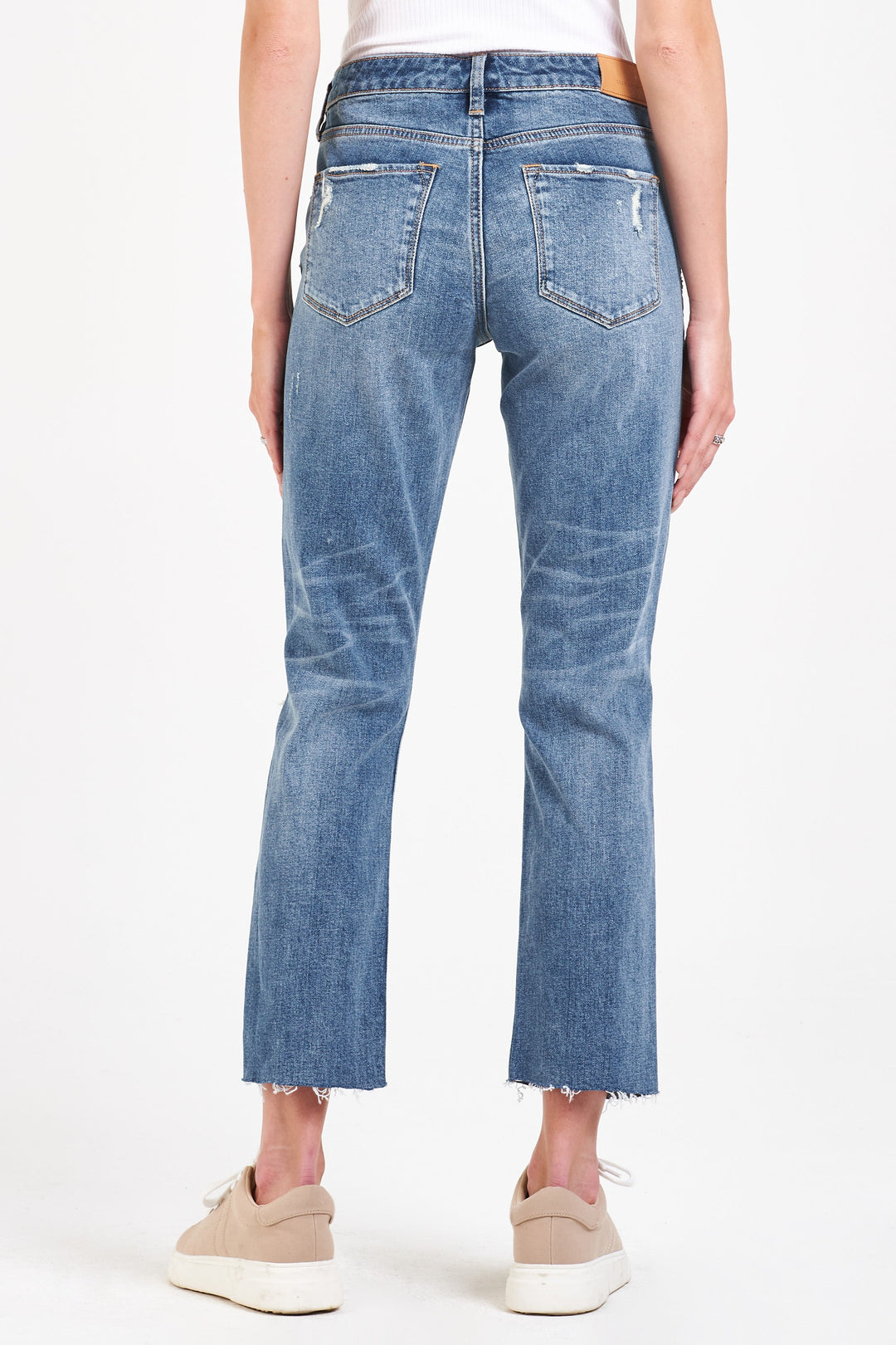 image of a female model wearing a BLAIRE HIGH RISE ANKLE SLIM STRAIGHT LEG JEANS CENTRAL AVENUE JEANS