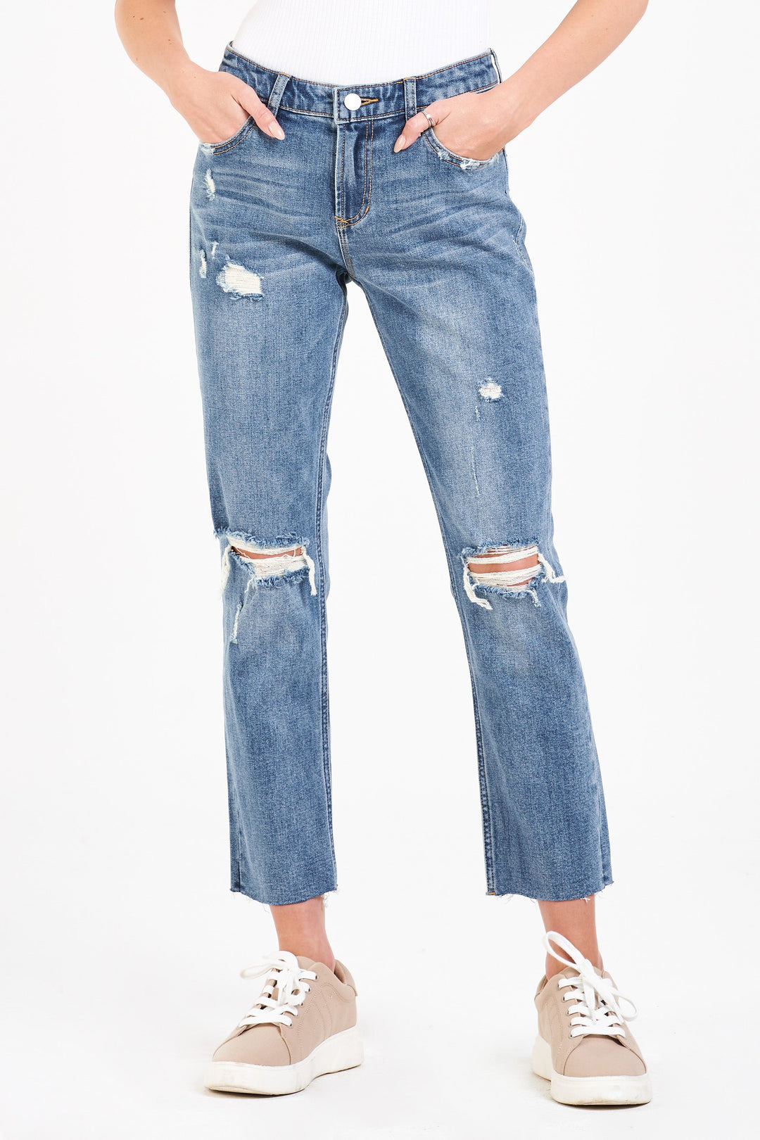 image of a female model wearing a BLAIRE HIGH RISE ANKLE SLIM STRAIGHT LEG JEANS CENTRAL AVENUE JEANS