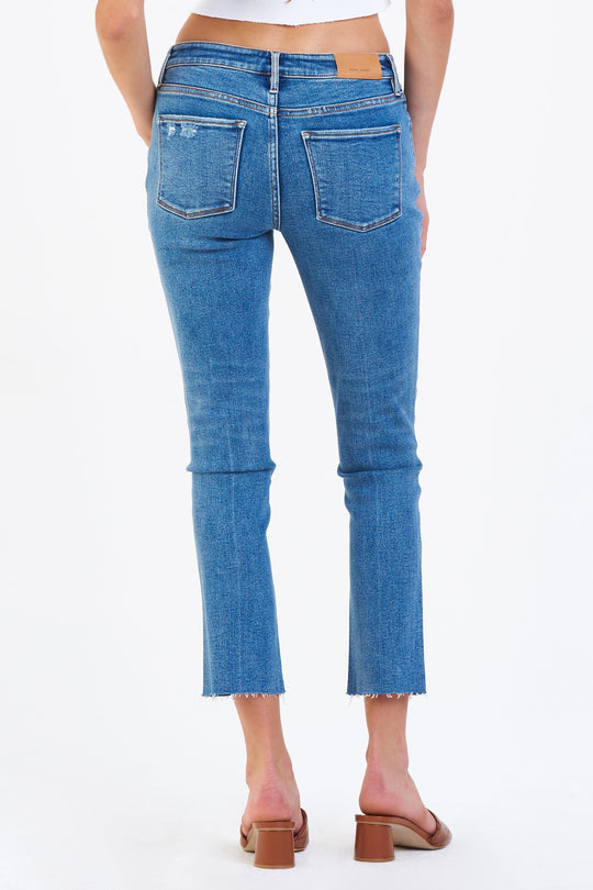 image of a female model wearing a BLAIRE HIGH RISE ANKLE SLIM STRAIGHT JEANS SEAL BEACH DEAR JOHN DENIM 