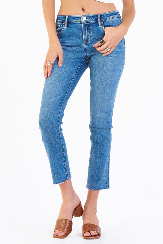 image of a female model wearing a BLAIRE HIGH RISE ANKLE SLIM STRAIGHT JEANS SEAL BEACH DEAR JOHN DENIM 