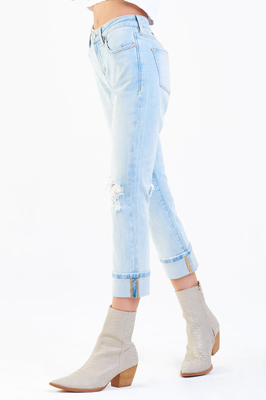 image of a female model wearing a BLAIRE HIGH RISE CUFFED SLIM STRAIGHT JEANS BLUE WATER DEAR JOHN DENIM 