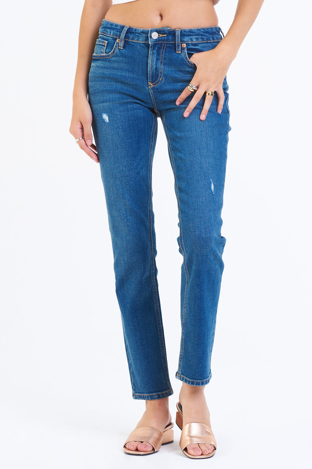 image of a female model wearing a BLAIRE HIGH RISE SLIM STRAIGHT JEANS ST. TROPEZ DEAR JOHN DENIM 