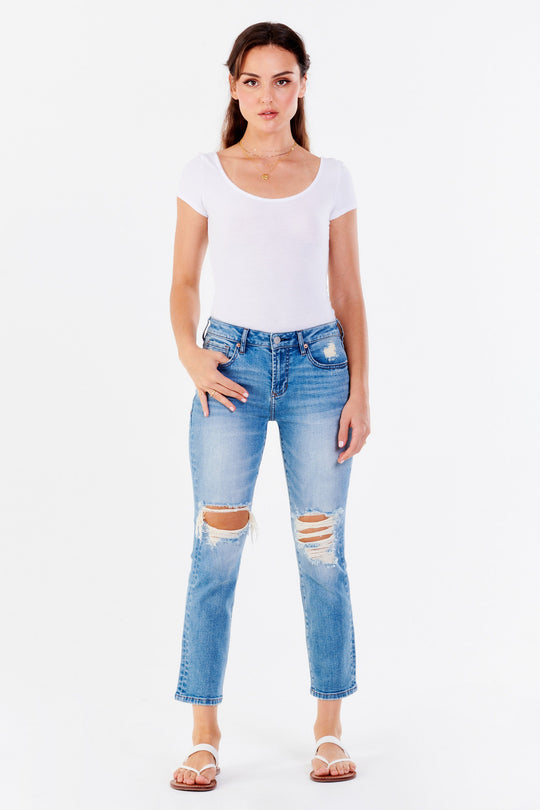 image of a female model wearing a BLAIRE HIGH RISE ANKLE SLIM STRAIGHT JEANS RIVIERA JEANS