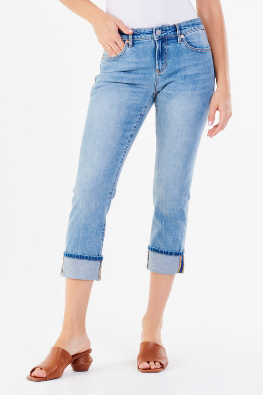 image of a female model wearing a BLAIRE HIGH RISE CUFFED SLIM STRAIGHT LEG JEANS DAYLIGHT JEANS