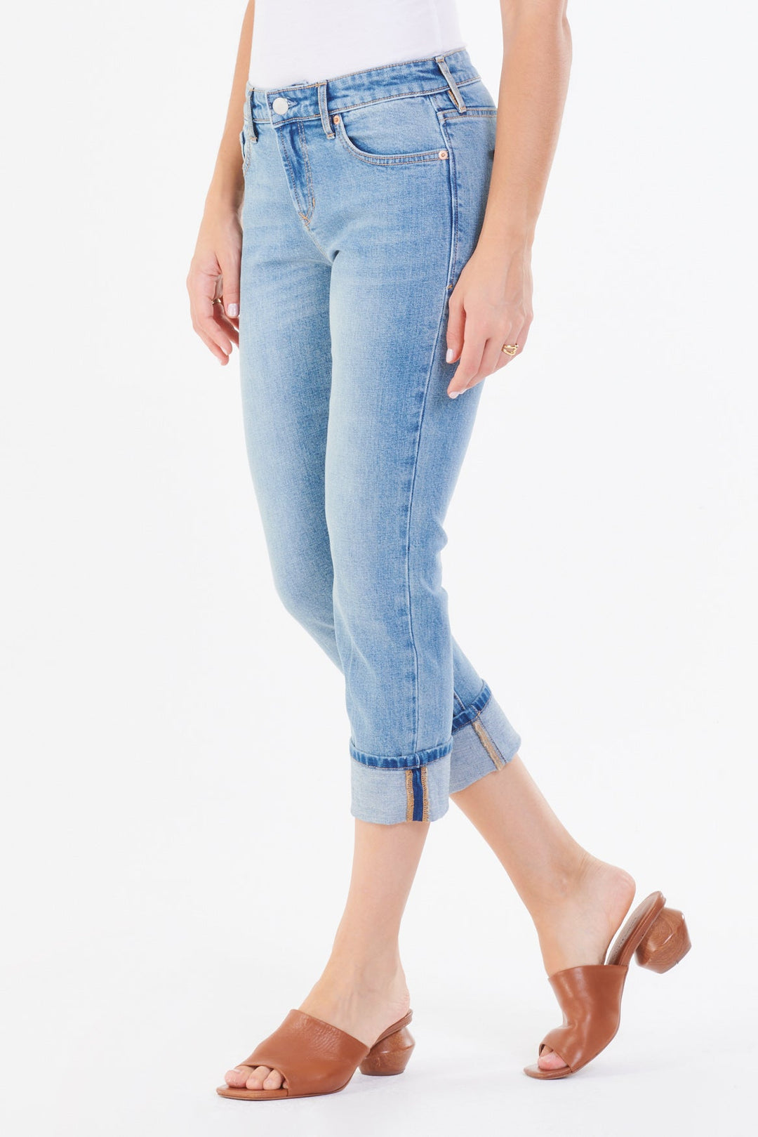 image of a female model wearing a BLAIRE HIGH RISE CUFFED SLIM STRAIGHT LEG JEANS DAYLIGHT JEANS