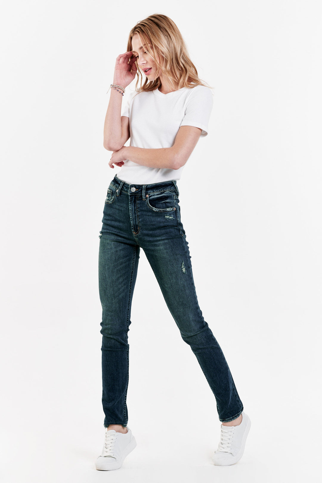 image of a female model wearing a STELLA SUPER HIGH RISE SLIM STRAIGHT JEANS BASTILLE JEANS