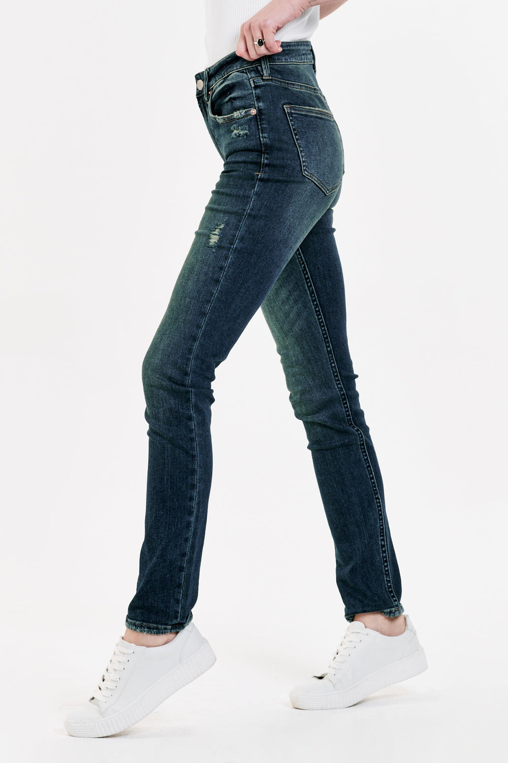 image of a female model wearing a STELLA SUPER HIGH RISE SLIM STRAIGHT JEANS BASTILLE DEAR JOHN DENIM 