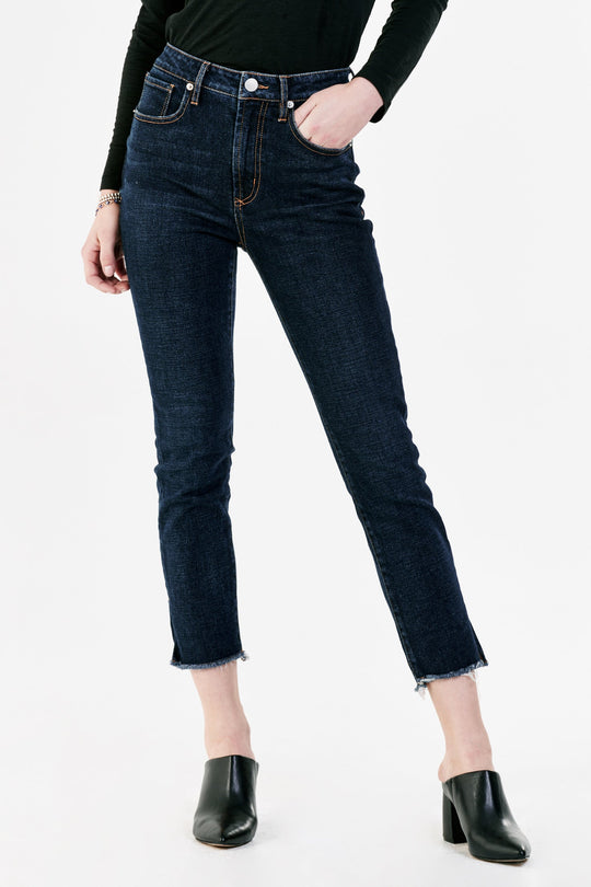 image of a female model wearing a STELLA SUPER HIGH RISE CROPPED SLIM STRAIGHT JEANS MEDLIN DEAR JOHN DENIM 