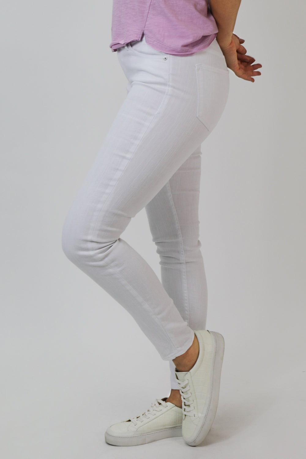 image of a female model wearing a BLAIRE HIGH RISE ANKLE SLIM STRAIGHT JEANS OPTIC WHITE JEANS