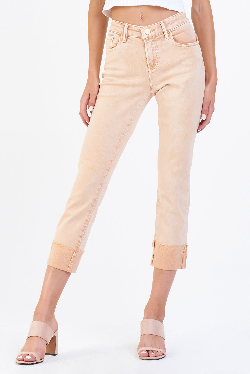 image of a female model wearing a BLAIRE HIGH RISE CUFFED SLIM STRAIGHT JEANS GOLDEN CREAM JEANS