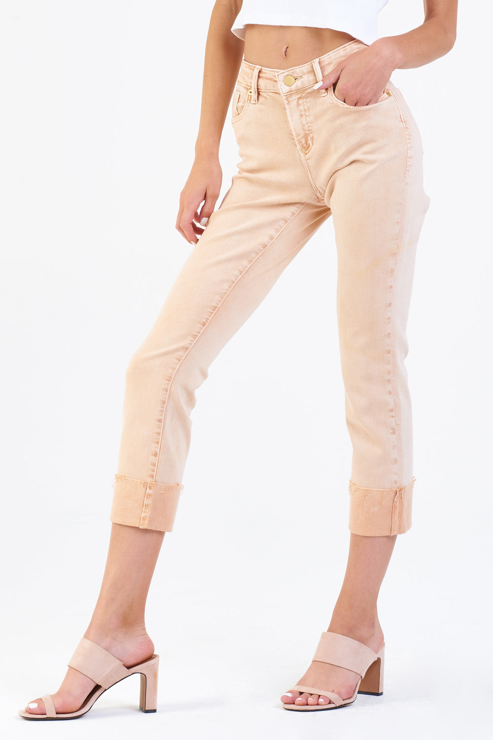 image of a female model wearing a BLAIRE HIGH RISE CUFFED SLIM STRAIGHT JEANS GOLDEN CREAM DEAR JOHN DENIM 